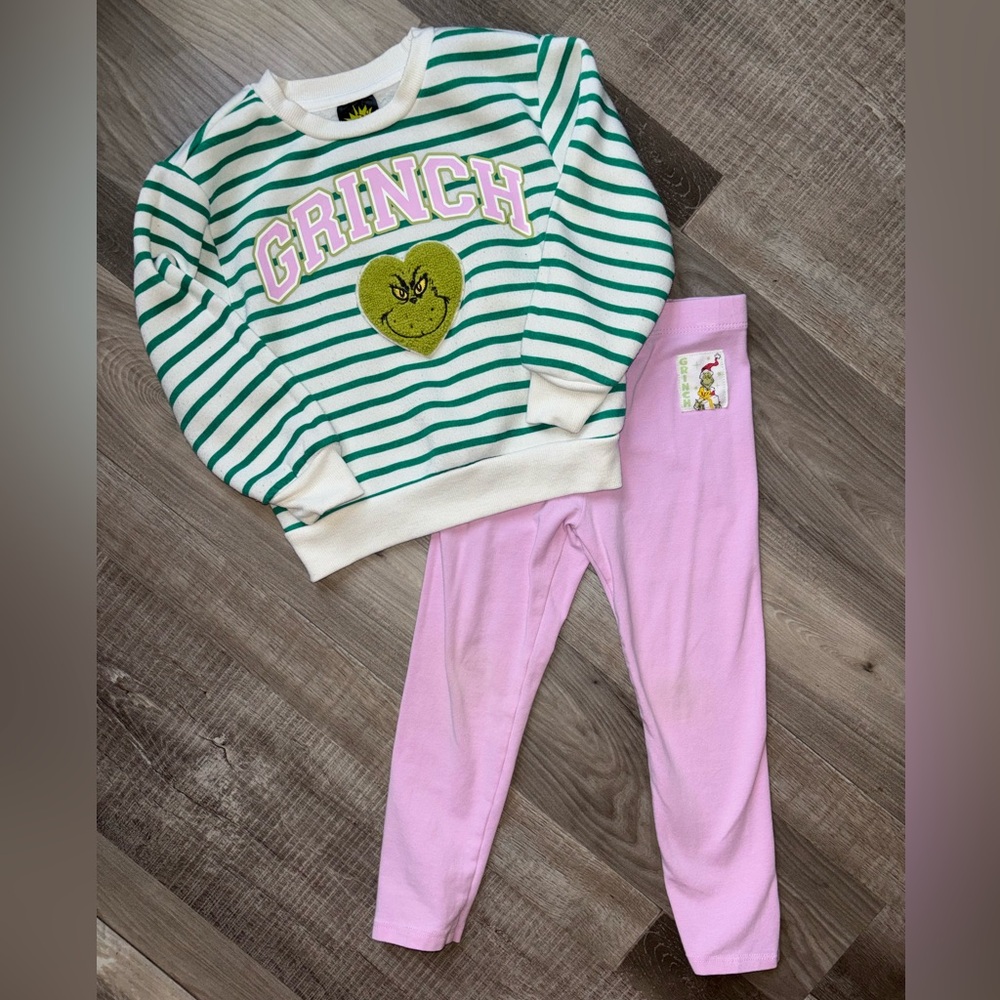 Green Stripe Grinch Sweatshirt with Pink Leggings for Kids